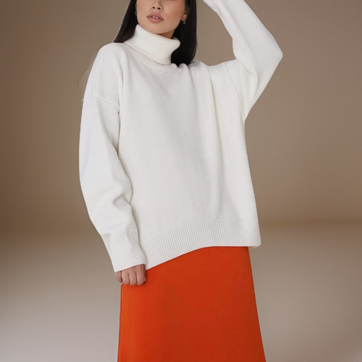 "Pull col roulé femme élégant pour hiver, design moderne, manches longues, tissu doux et respirant, look tendance."