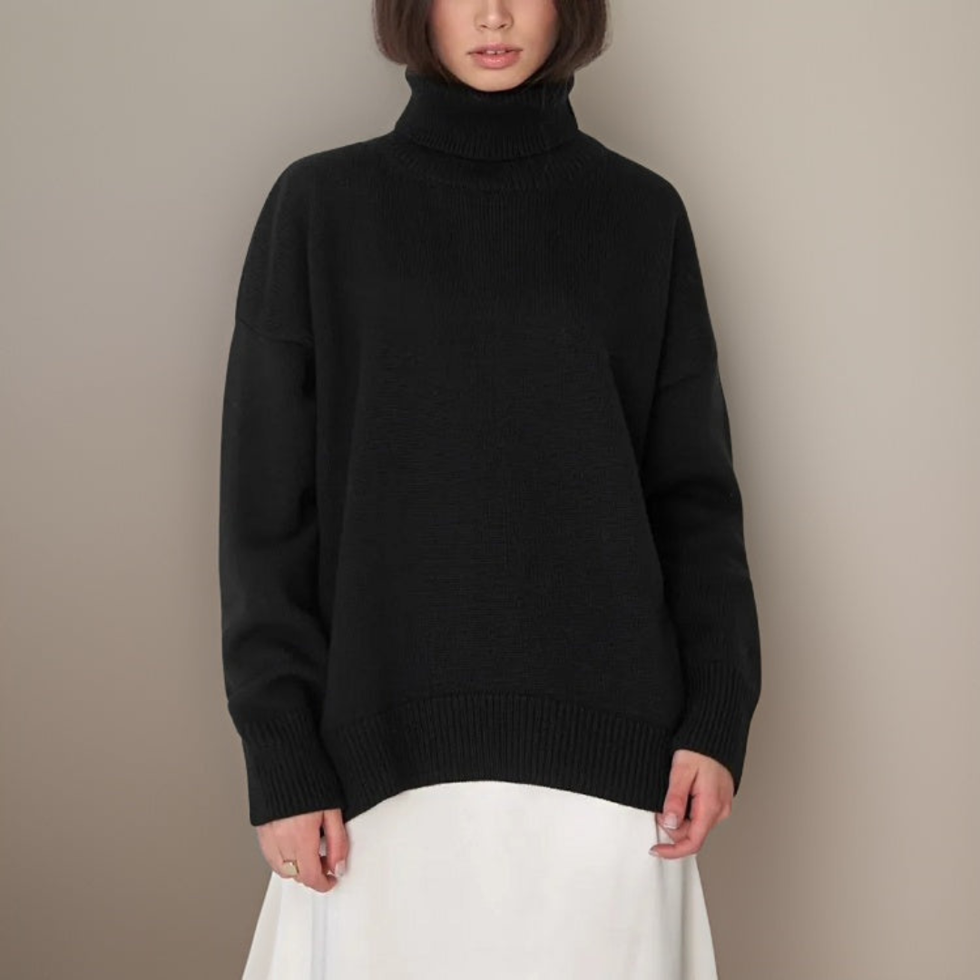 "Pull col roulé femme élégant pour hiver, design moderne, manches longues, tissu doux et respirant, look tendance."