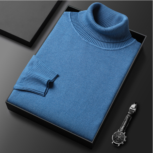 "Pull col roulé homme élégant et confortable, tissu doux, couleur bleu, design polyvalent pour toutes occasions."