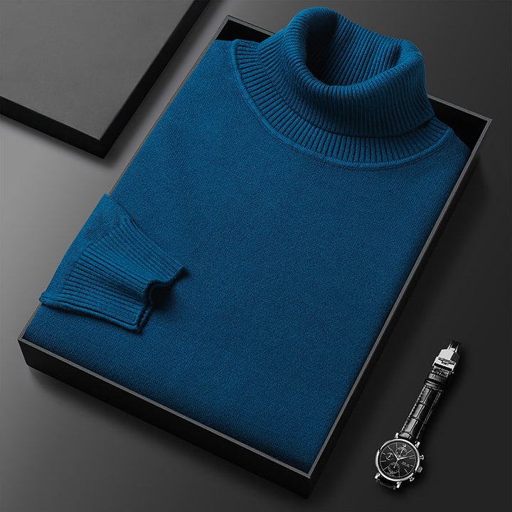 "Pull col roulé homme élégant et confortable, tissu doux, couleur bleu, design polyvalent pour toutes occasions."