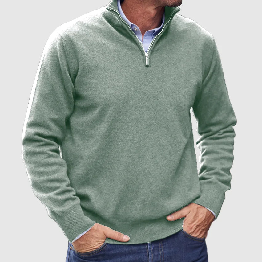 Pull de luxe en cachemire italien pour hommes avec fermeture zip, élégant et moderne pour un confort exceptionnel.