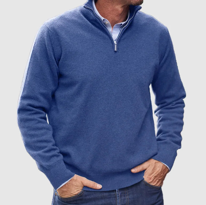 Pull de luxe en cachemire italien pour hommes avec fermeture zip, élégant et moderne pour un confort exceptionnel.
