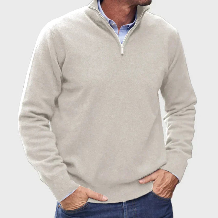 Pull de luxe en cachemire italien pour hommes avec fermeture zip, élégant et moderne pour un confort exceptionnel.