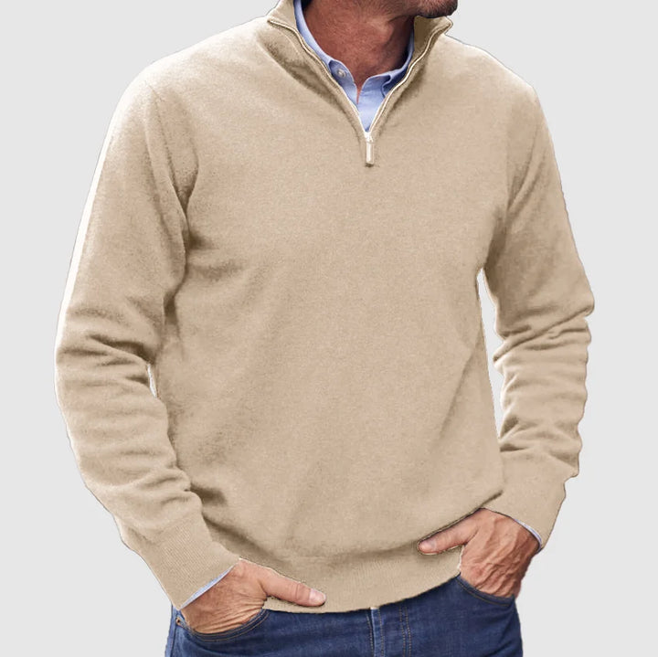 Pull de luxe en cachemire italien pour hommes avec fermeture zip, élégant et moderne pour un confort exceptionnel.