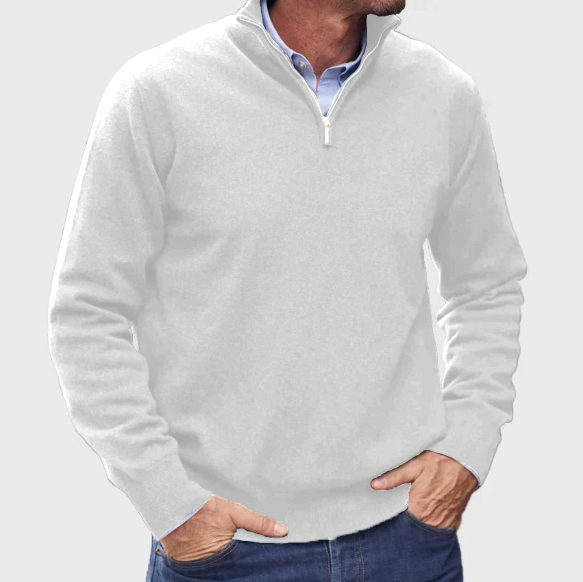 Pull de luxe en cachemire italien pour hommes avec fermeture zip, élégant et moderne pour un confort exceptionnel.