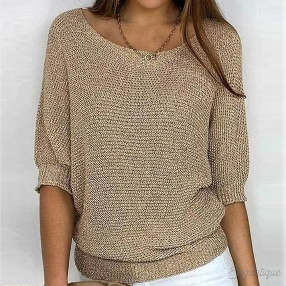 Pull décontracté pour femmes en laine douce, couleur neutre, col rond, bord côte, polyvalent pour tenues élégantes.