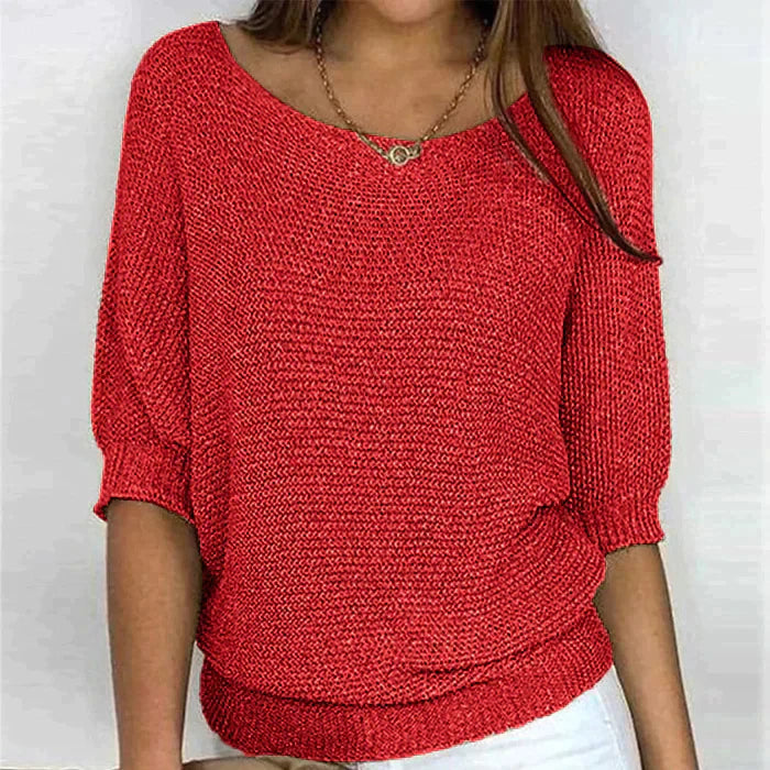 "Pull élégant femme rose en maille douce, coupe flatteuse, parfait pour un style chic et confortable."