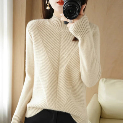 Pull élégant moderne pour femme, beige à bleu, style polyvalent et confortable, idéal pour toutes les saisons et occasions.