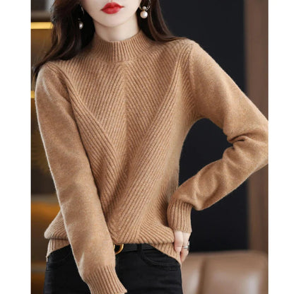 Pull élégant moderne pour femme, beige à bleu, style polyvalent et confortable, idéal pour toutes les saisons et occasions.