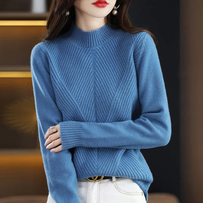 Pull élégant moderne pour femme, beige à bleu, style polyvalent et confortable, idéal pour toutes les saisons et occasions.