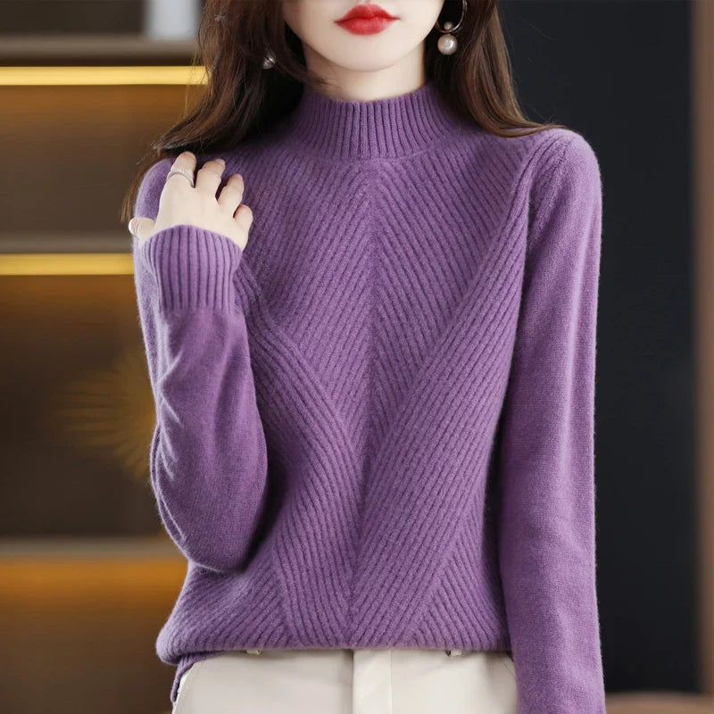 Pull élégant moderne pour femme, beige à bleu, style polyvalent et confortable, idéal pour toutes les saisons et occasions.