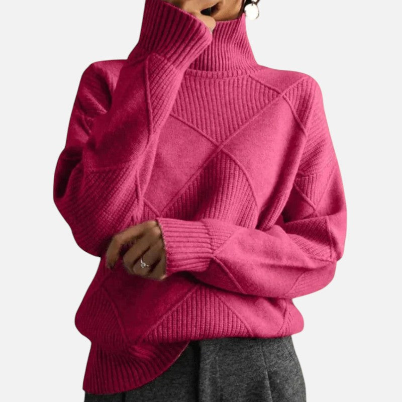 "Pull en cachemire col roulé, motifs losanges, luxe chic, touche soyeuse, idéal temps frais, coupe ample et chaude, homme."