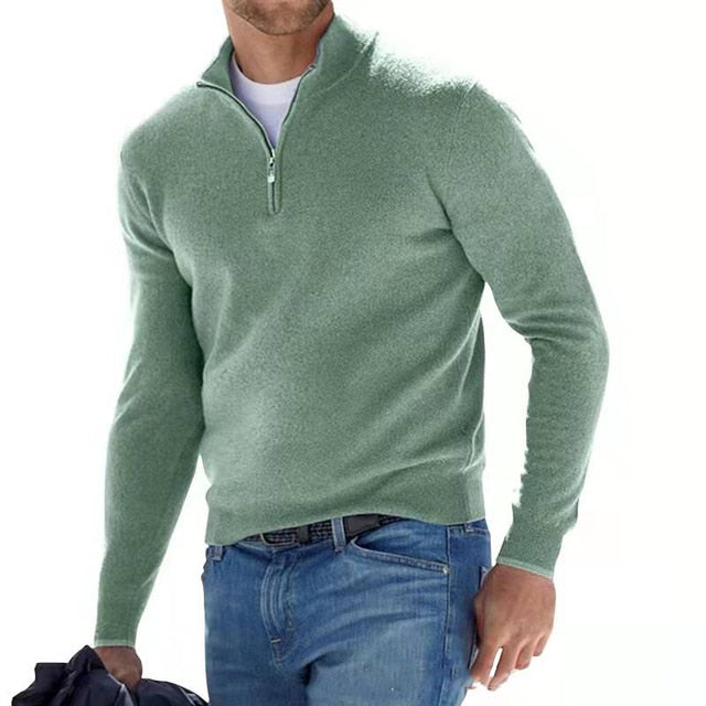 Pull en mérinos masculin, col V avec zip, élégant, doux, confortable, idéal pour un look sophistiqué et décontracté.