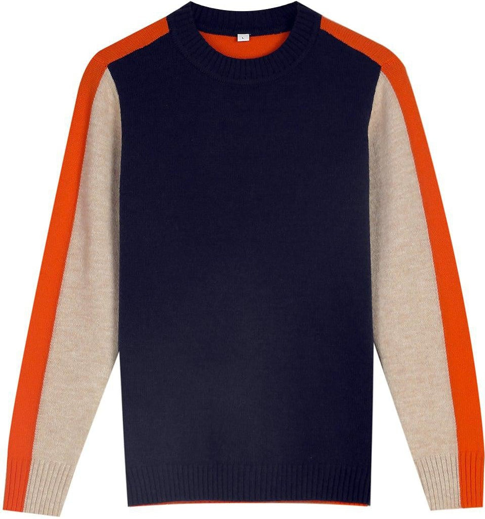"Pull femme rayé marine et orange, design rétro color-block, coton doux, coupe classique et élégante."