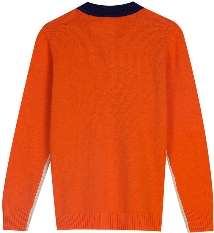 "Pull femme rayé marine et orange, design rétro color-block, coton doux, coupe classique et élégante."