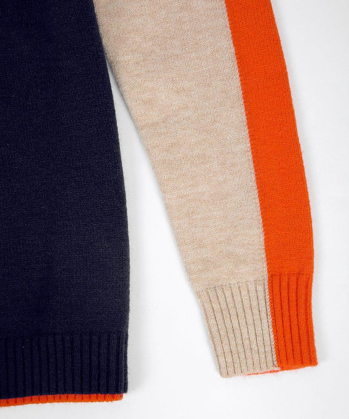 "Pull femme rayé marine et orange, design rétro color-block, coton doux, coupe classique et élégante."