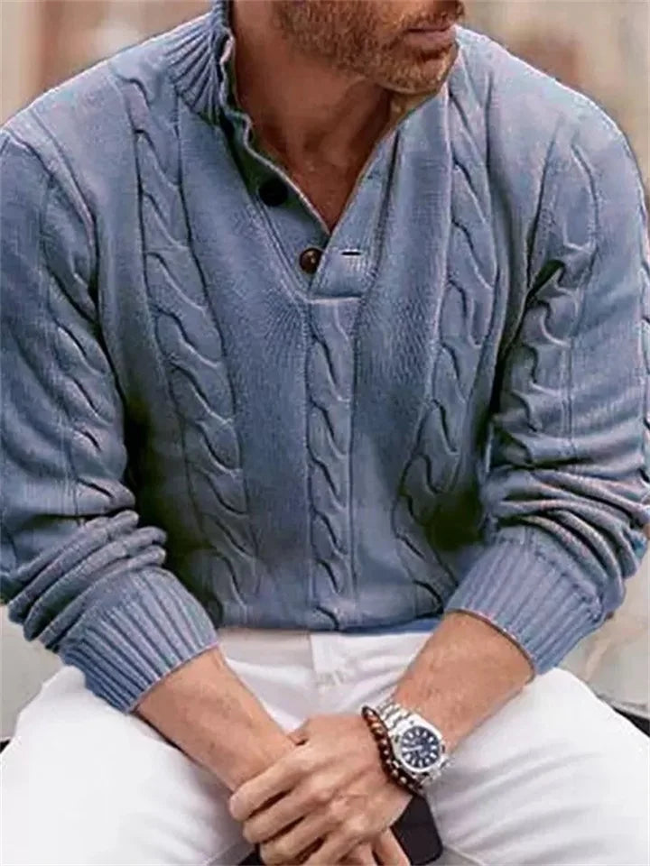 "Pull homme col V vintage, manches longues, confort élégant, style classique hiver."