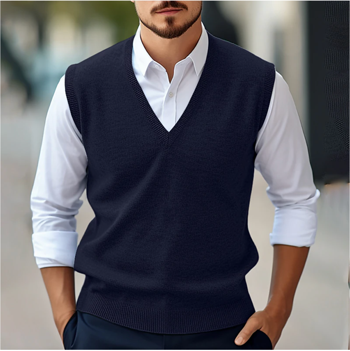 "Pull homme sans manches élégant, maille fine, col V côtelé, bleu, idéal pour superpositions printemps automne."