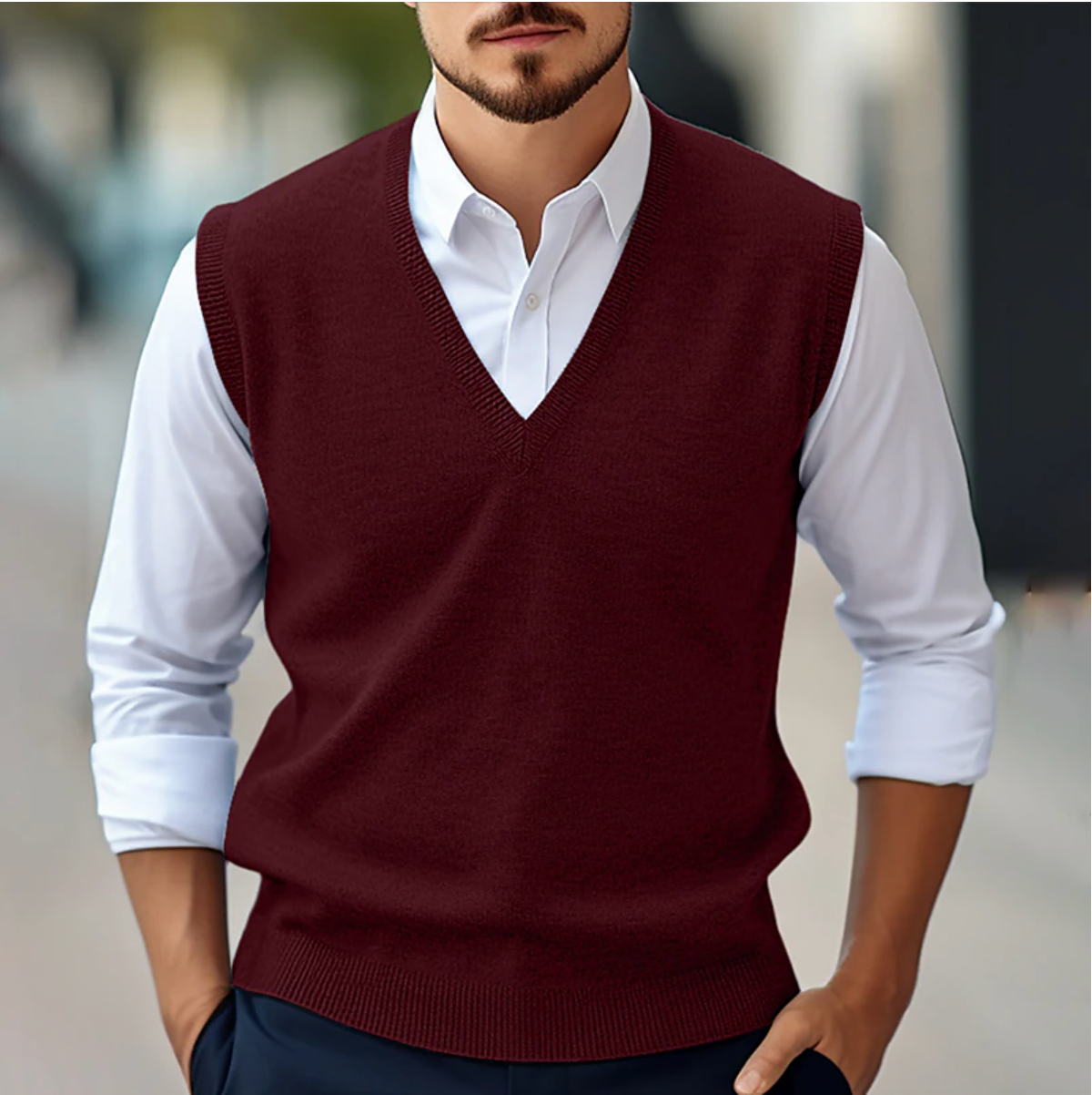 "Pull homme sans manches élégant, maille fine, col V côtelé, bleu, idéal pour superpositions printemps automne."