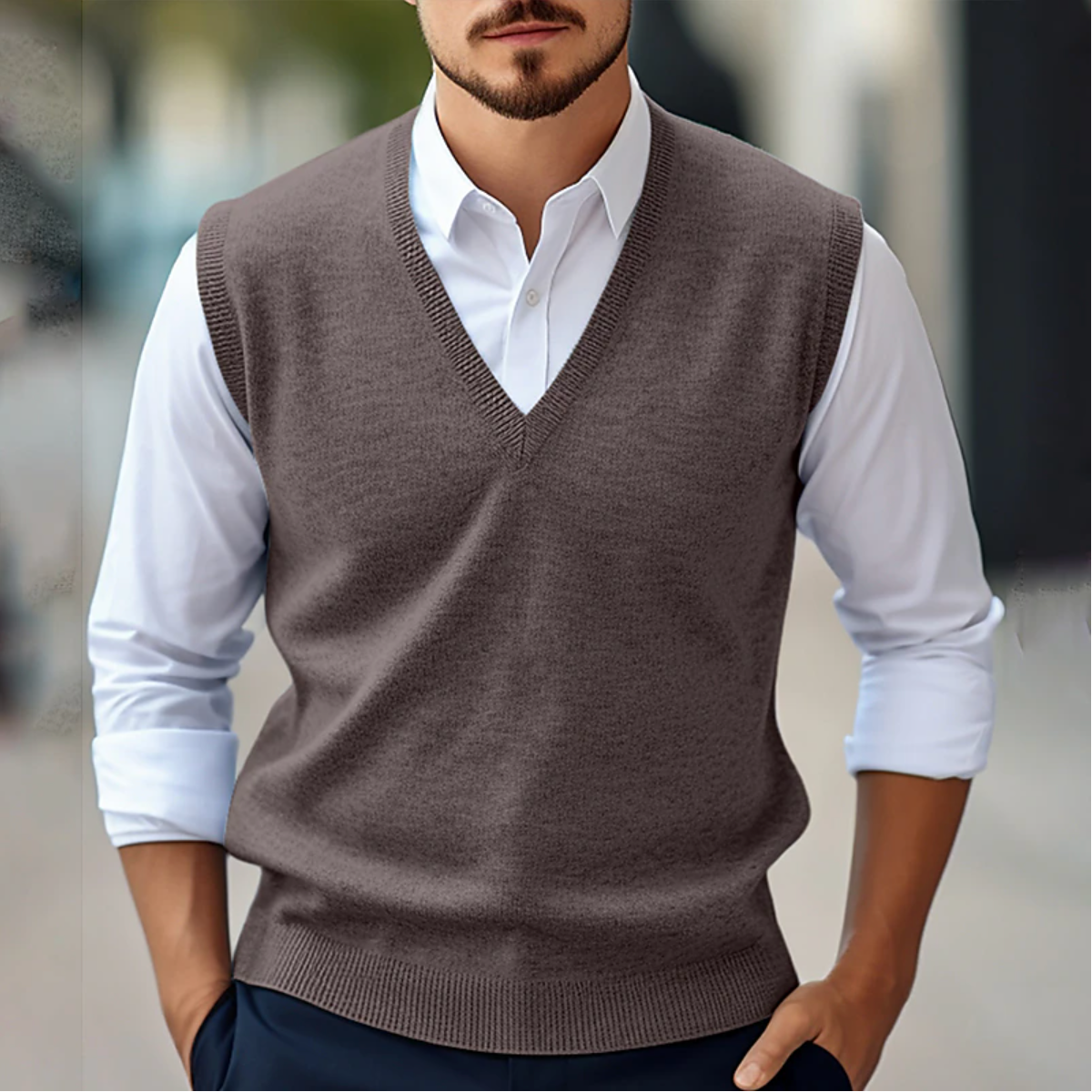 "Pull homme sans manches élégant, maille fine, col V côtelé, bleu, idéal pour superpositions printemps automne."