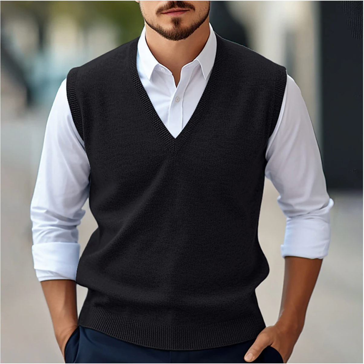 "Pull homme sans manches élégant, maille fine, col V côtelé, bleu, idéal pour superpositions printemps automne."