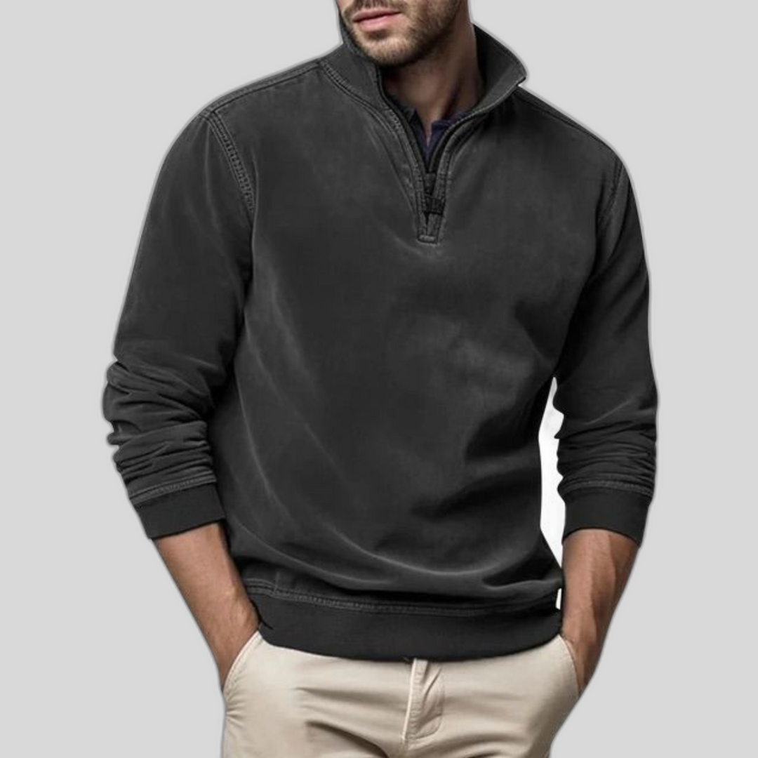"Pull polaire homme, style vintage, col montant, fermeture éclair demi, polaire douce, parfait matinées fraîches."