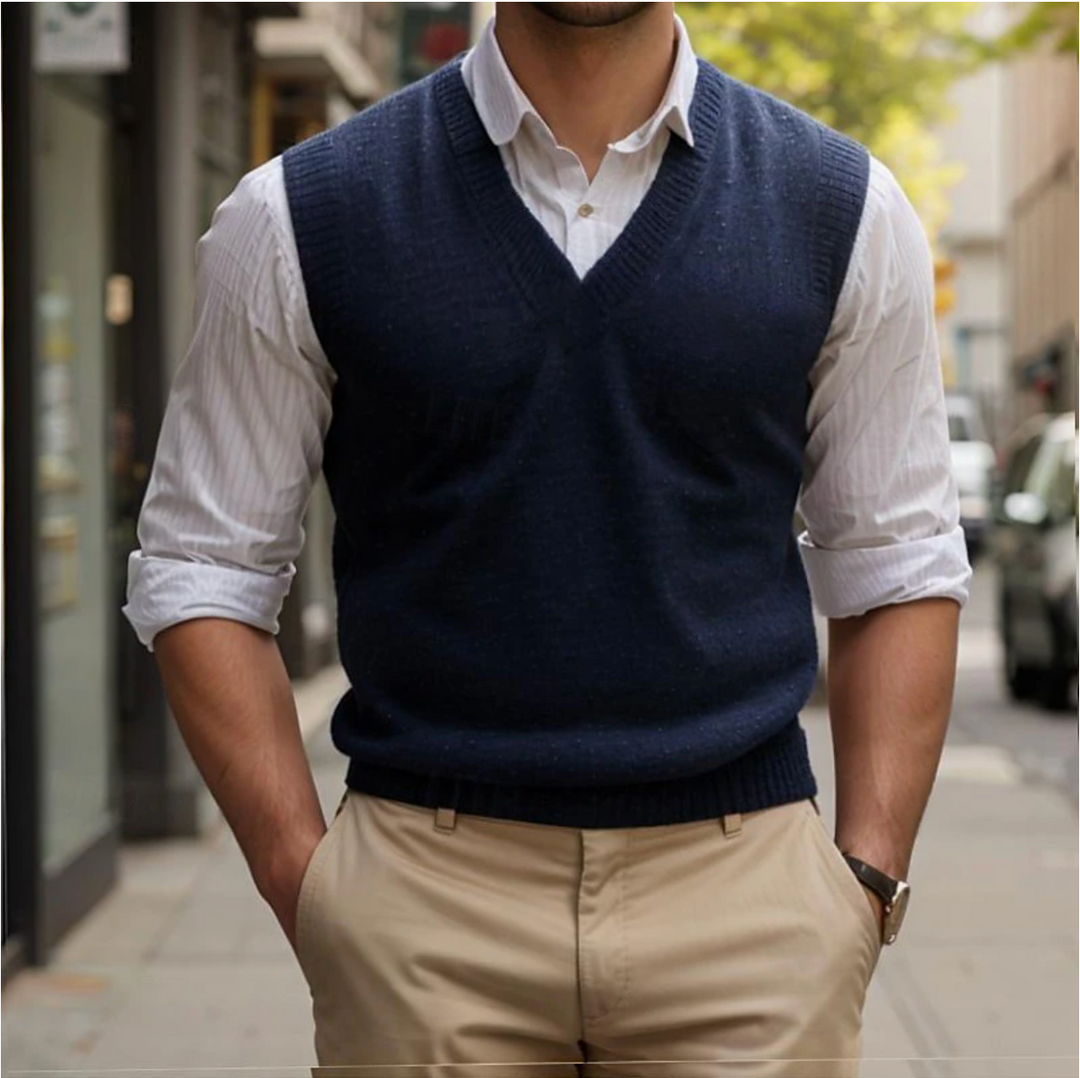 Pull sans manches col V, style vintage, coupe ajustée, couleur bleue, confortable et élégant pour homme.
