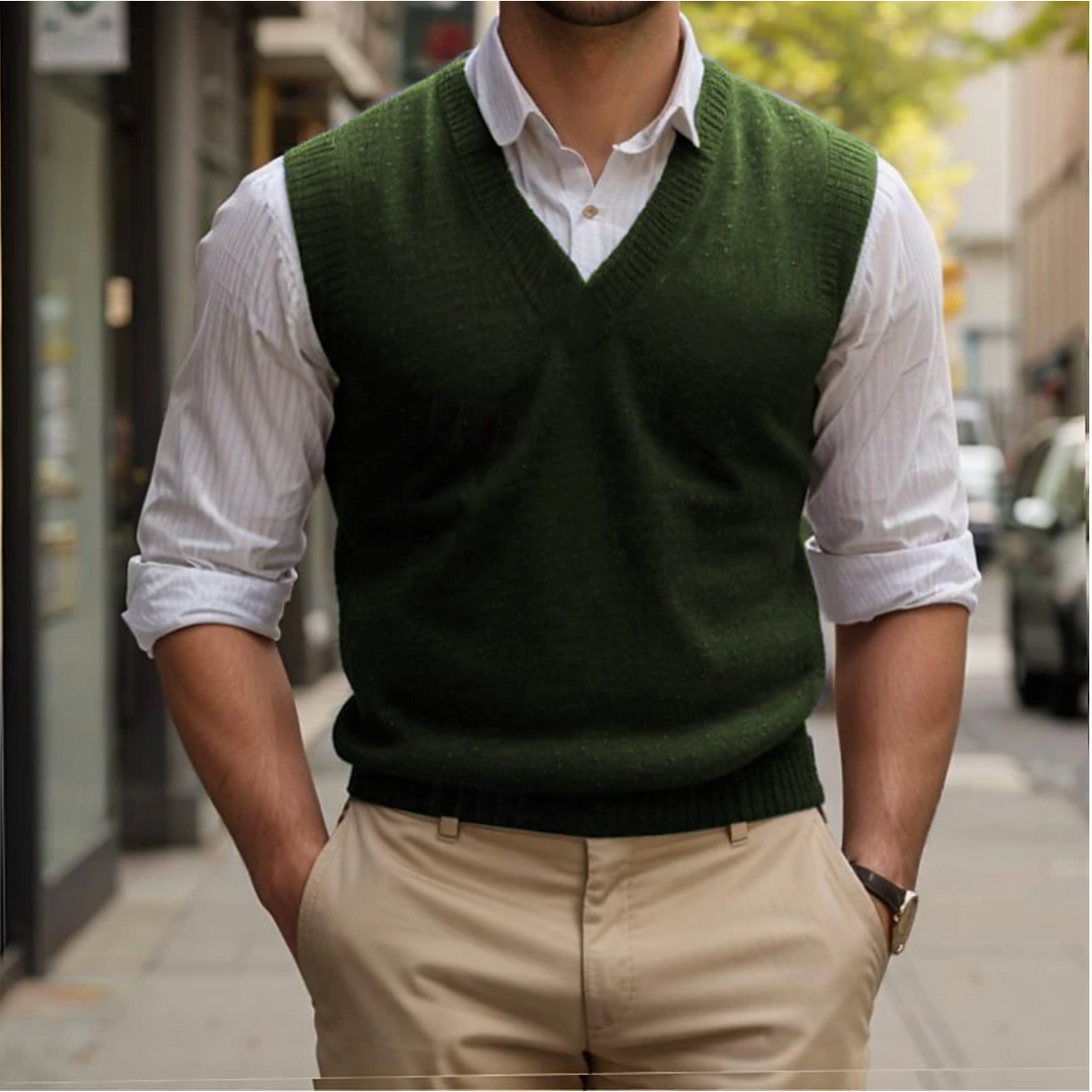 Pull sans manches col V, style vintage, coupe ajustée, couleur bleue, confortable et élégant pour homme.
