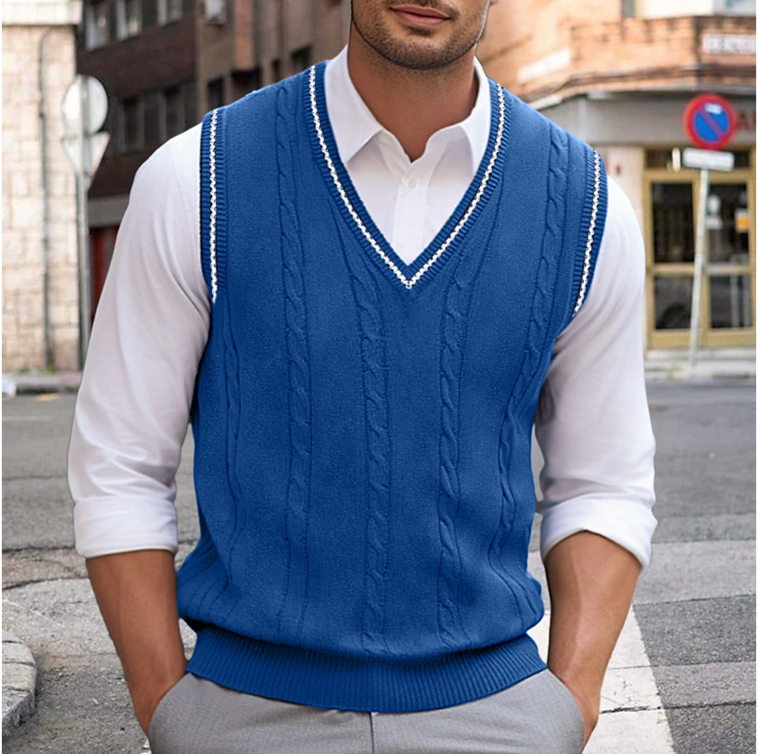 "Pull sans manches homme Liam en laine coton, allure V élégante, coupe cintrée, disponibles en couleurs tendance."