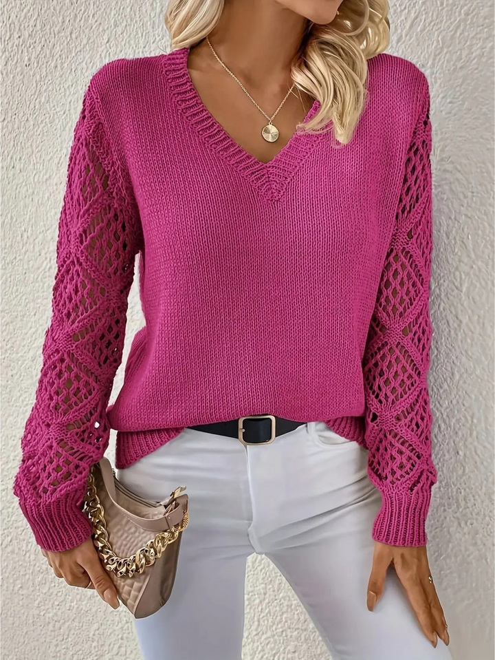 "Pull V crocheté Isabelle, manches crochetées, élégant et léger, col en V flatteur, vue avant"