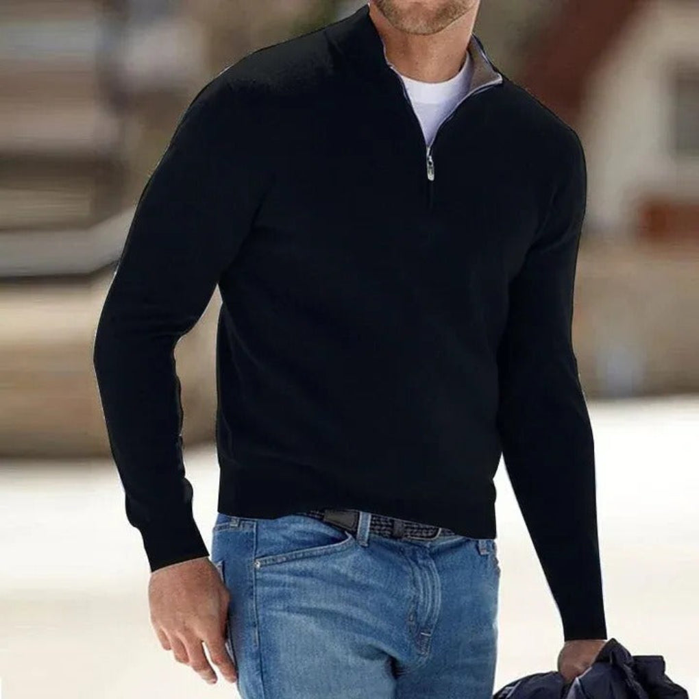 "Pull zippé cachemire homme, gris, style élégant avec poignets côtelés et fermeture éclair avant, parfait pour toutes saisons
