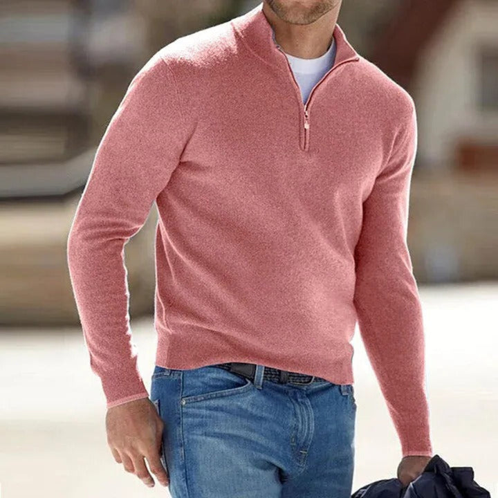 "Pull zippé cachemire homme, gris, style élégant avec poignets côtelés et fermeture éclair avant, parfait pour toutes saisons