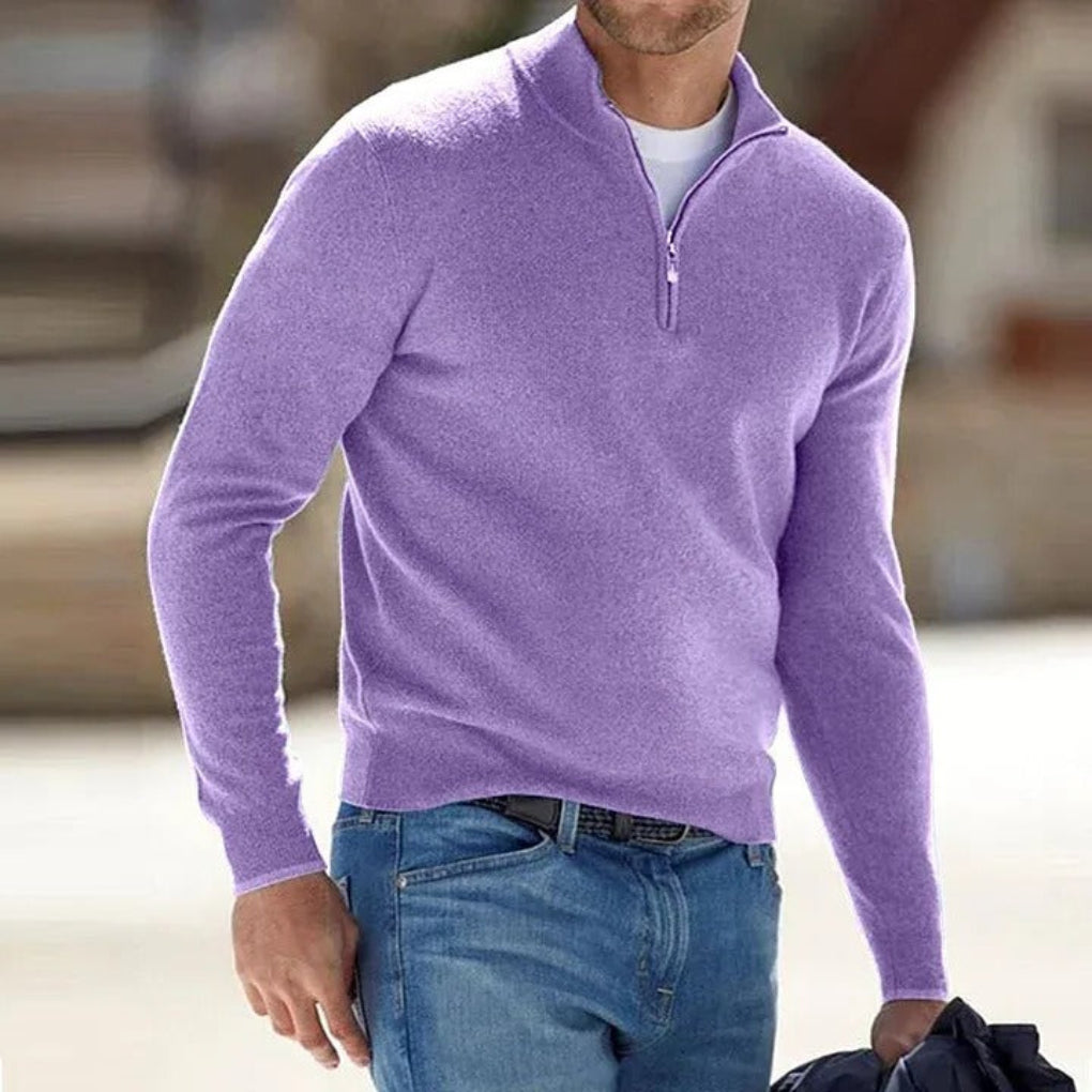"Pull zippé cachemire homme, gris, style élégant avec poignets côtelés et fermeture éclair avant, parfait pour toutes saisons
