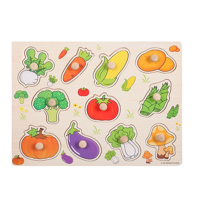"Puzzle éducatif coloré pour enfants avec motifs animaux et fruits, idéal pour le développement cognitif précoce."