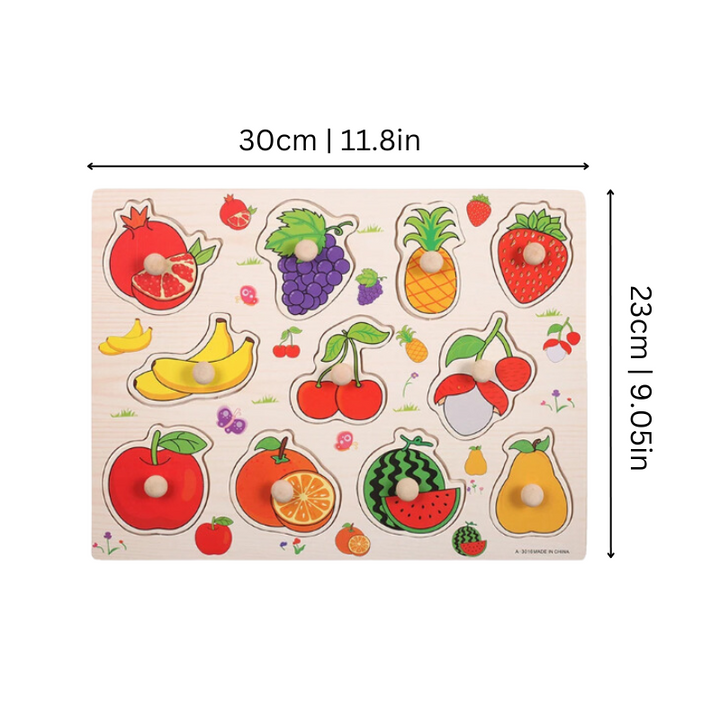 "Puzzle éducatif coloré pour enfants avec motifs animaux et fruits, idéal pour le développement cognitif précoce."