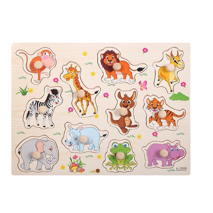 "Puzzle éducatif coloré pour enfants avec motifs animaux et fruits, idéal pour le développement cognitif précoce."