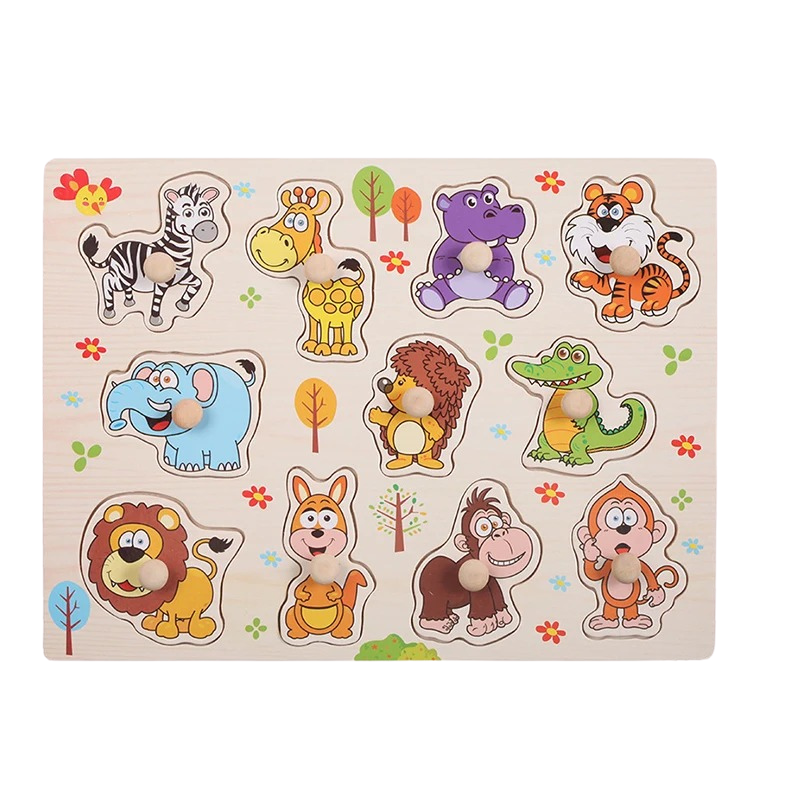 "Puzzle éducatif coloré pour enfants avec motifs animaux et fruits, idéal pour le développement cognitif précoce."