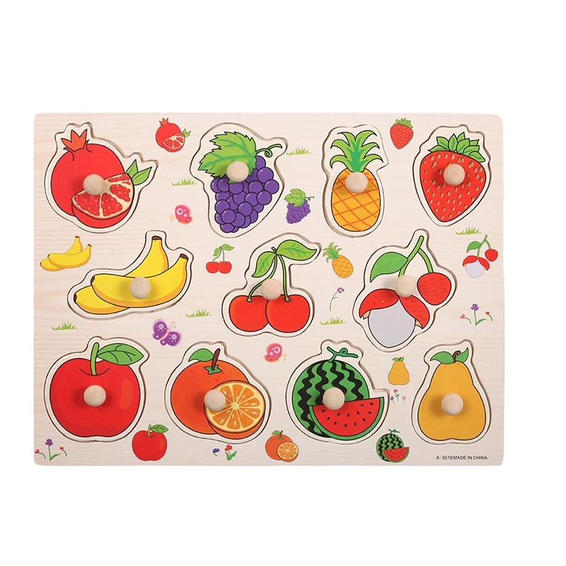 "Puzzle éducatif coloré pour enfants avec motifs animaux et fruits, idéal pour le développement cognitif précoce."