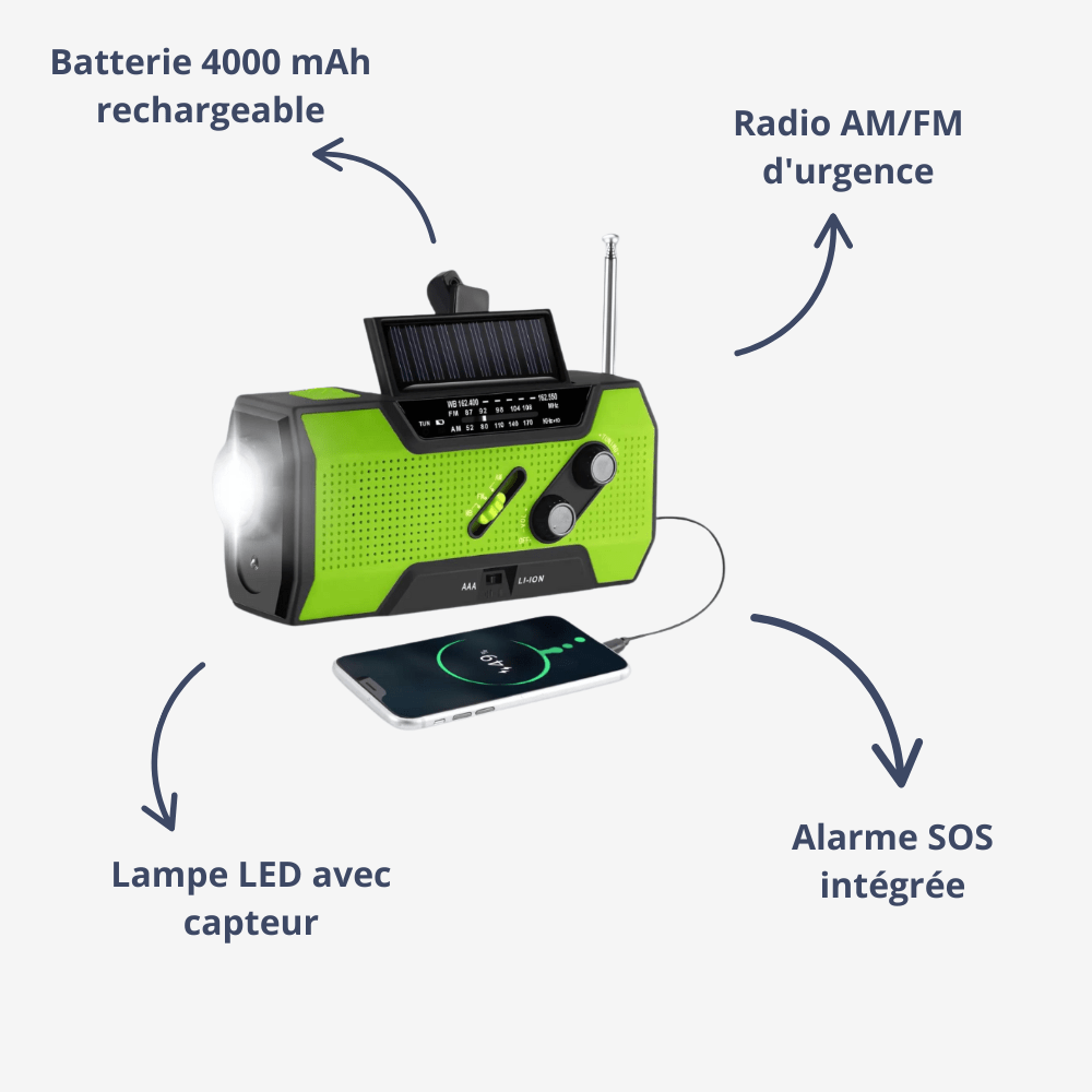 "Radio de survie rechargeable multifonctionnelle avec lampe et alarme SOS pour aventure en plein air et urgence"