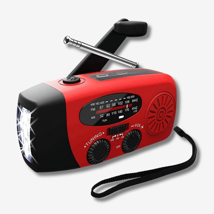 "Radio d'urgence compacte multifonctionnelle, moderne, avec lampe de poche, powerbank et recharge solaire, manivelle, USB-C."