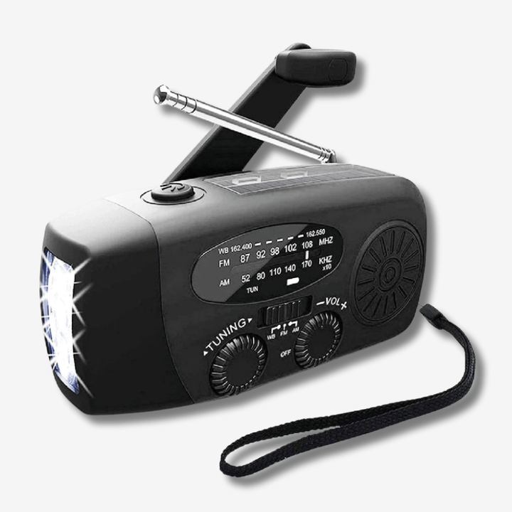 "Radio d'urgence compacte multifonctionnelle, moderne, avec lampe de poche, powerbank et recharge solaire, manivelle, USB-C."
