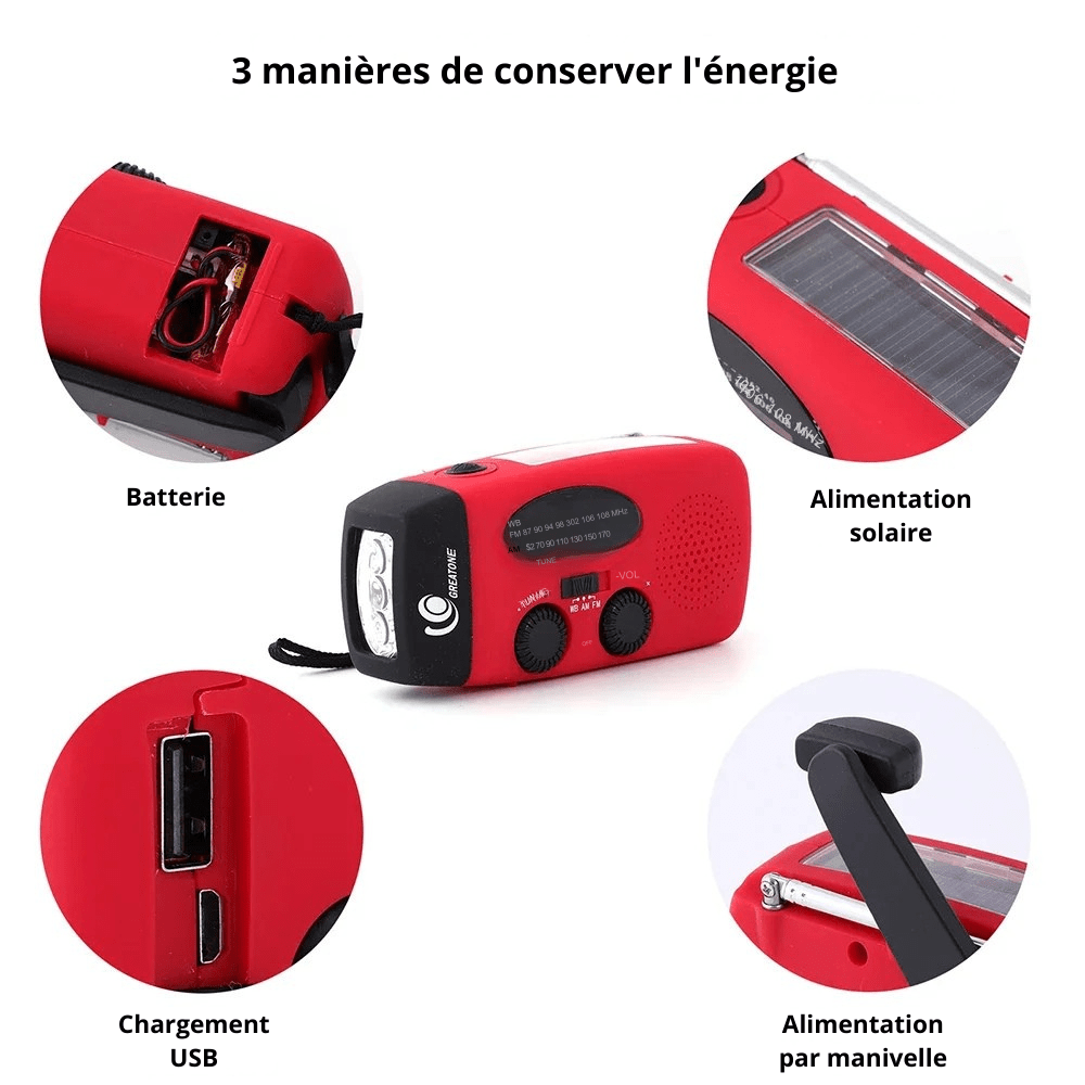 "Radio d'urgence compacte multifonctionnelle, moderne, avec lampe de poche, powerbank et recharge solaire, manivelle, USB-C."