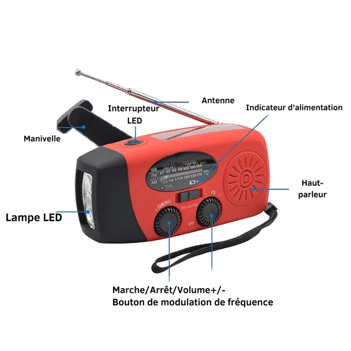 "Radio d'urgence compacte multifonctionnelle, moderne, avec lampe de poche, powerbank et recharge solaire, manivelle, USB-C."