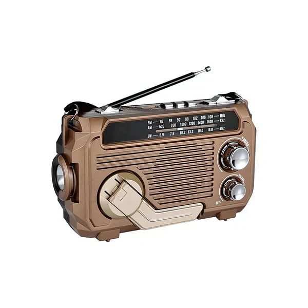 "Radio d'urgence portable avec LED puissante, manivelle, batterie 2500 mAh, idéale pour nature et urgences."