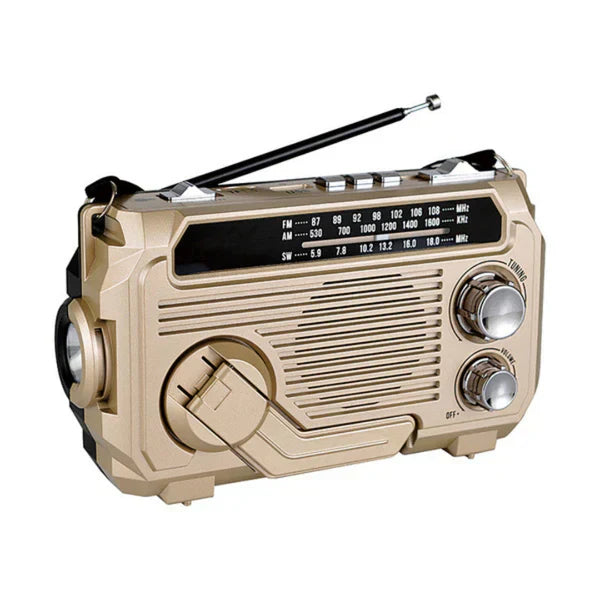 "Radio d'urgence portable avec LED puissante, manivelle, batterie 2500 mAh, idéale pour nature et urgences."