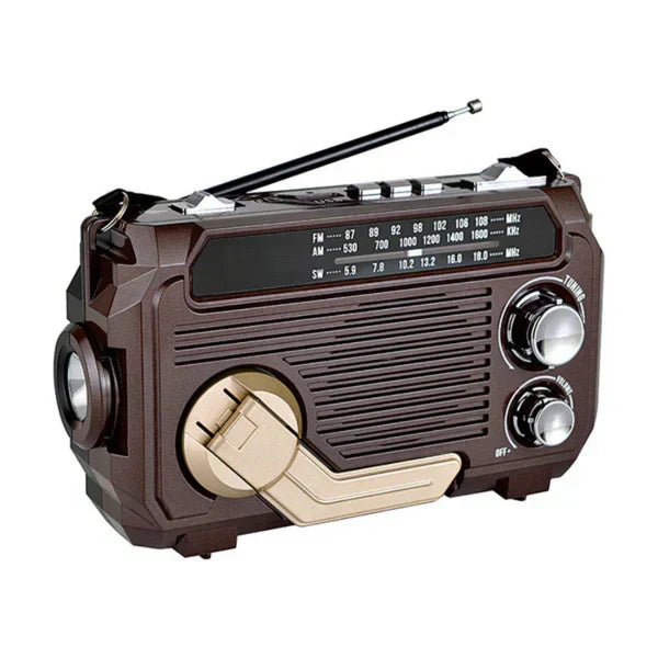 "Radio d'urgence portable avec LED puissante, manivelle, batterie 2500 mAh, idéale pour nature et urgences."
