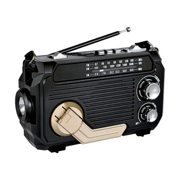 "Radio d'urgence portable avec LED puissante, manivelle, batterie 2500 mAh, idéale pour nature et urgences."