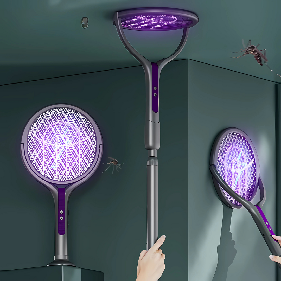 "Raquette électrique anti-insectes 3-en-1 avec lampe UV intégrée et manche télescopique, idéale pour usage intérieur/extérieu