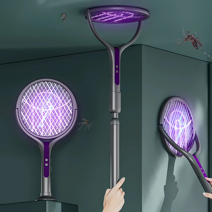 "Raquette électrique anti-insectes 3-en-1 avec lampe UV intégrée et manche télescopique, idéale pour usage intérieur/extérieu