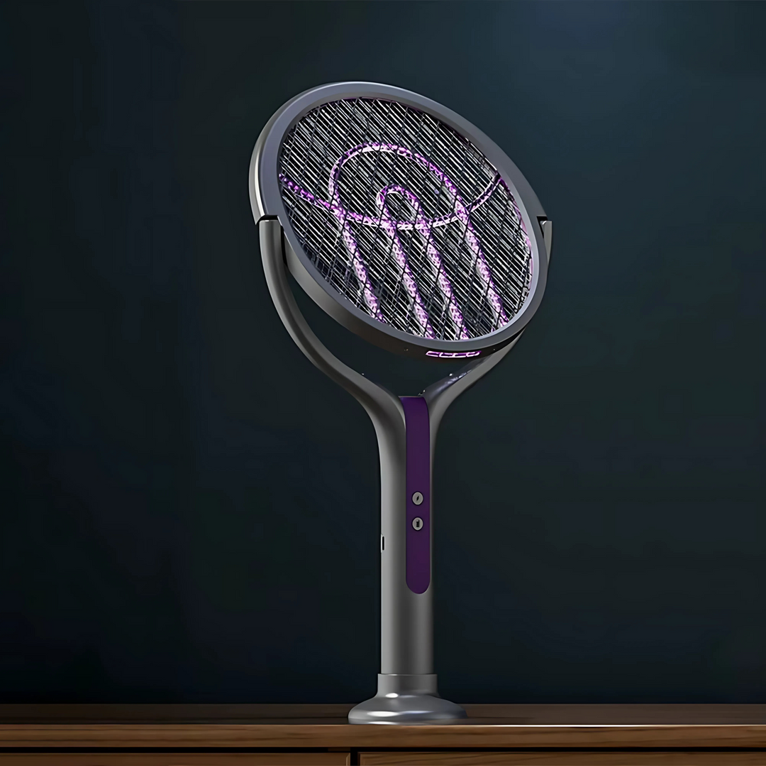 "Raquette électrique anti-insectes 3-en-1 avec lampe UV intégrée et manche télescopique, idéale pour usage intérieur/extérieu